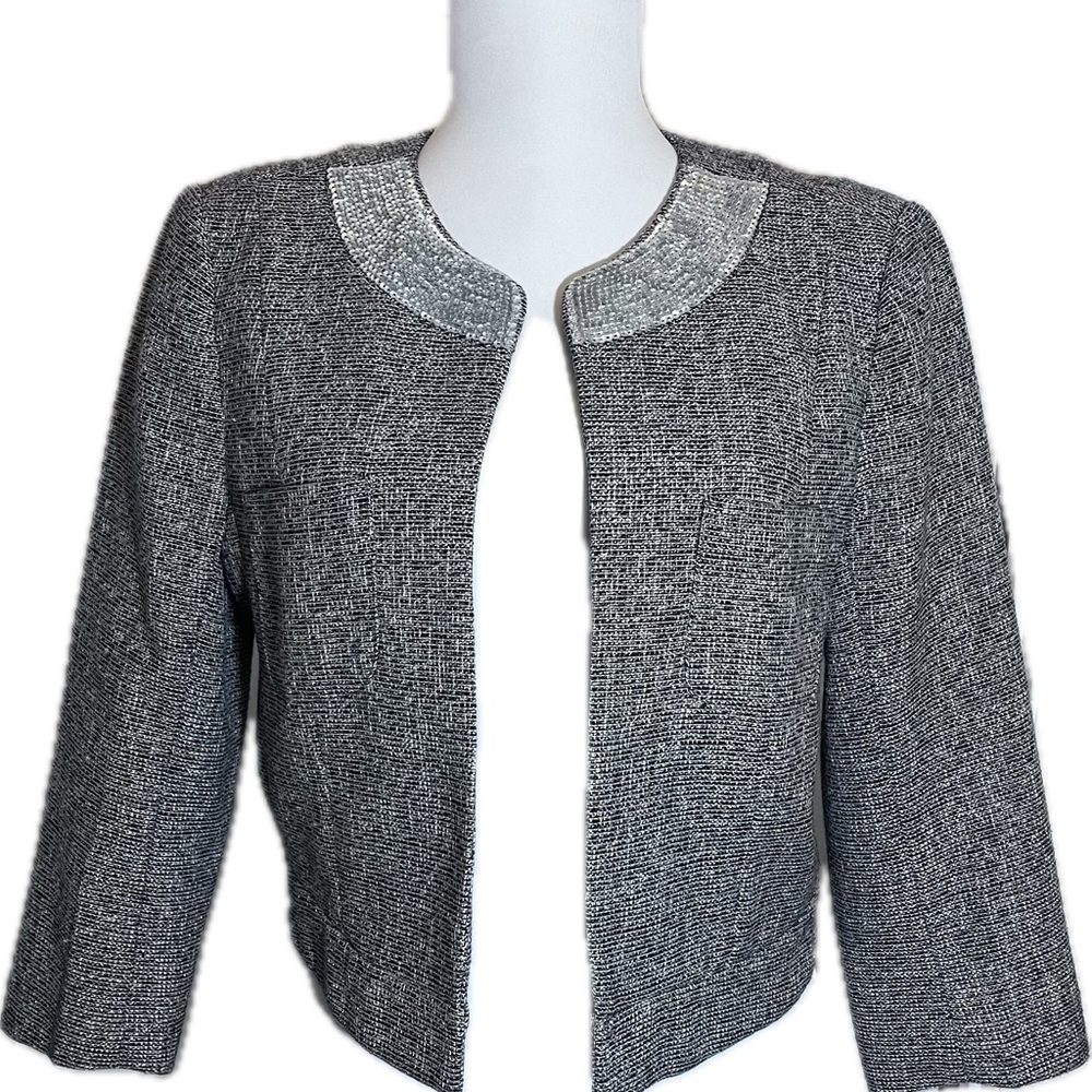 LOFT Size 6 Tweed Gray Open Cropped Jacket/Blazer Silver Metallic Sequin Collar